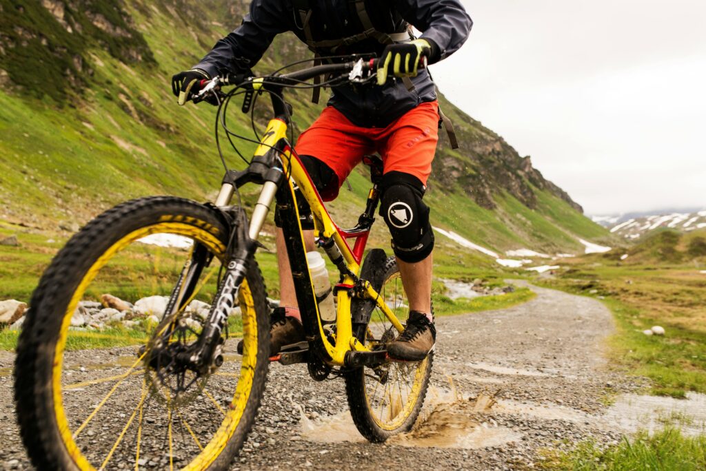 Cyclist on a scenic trail in Serbia, passing through mountains and lush forests, enjoying a bike tour adventure.